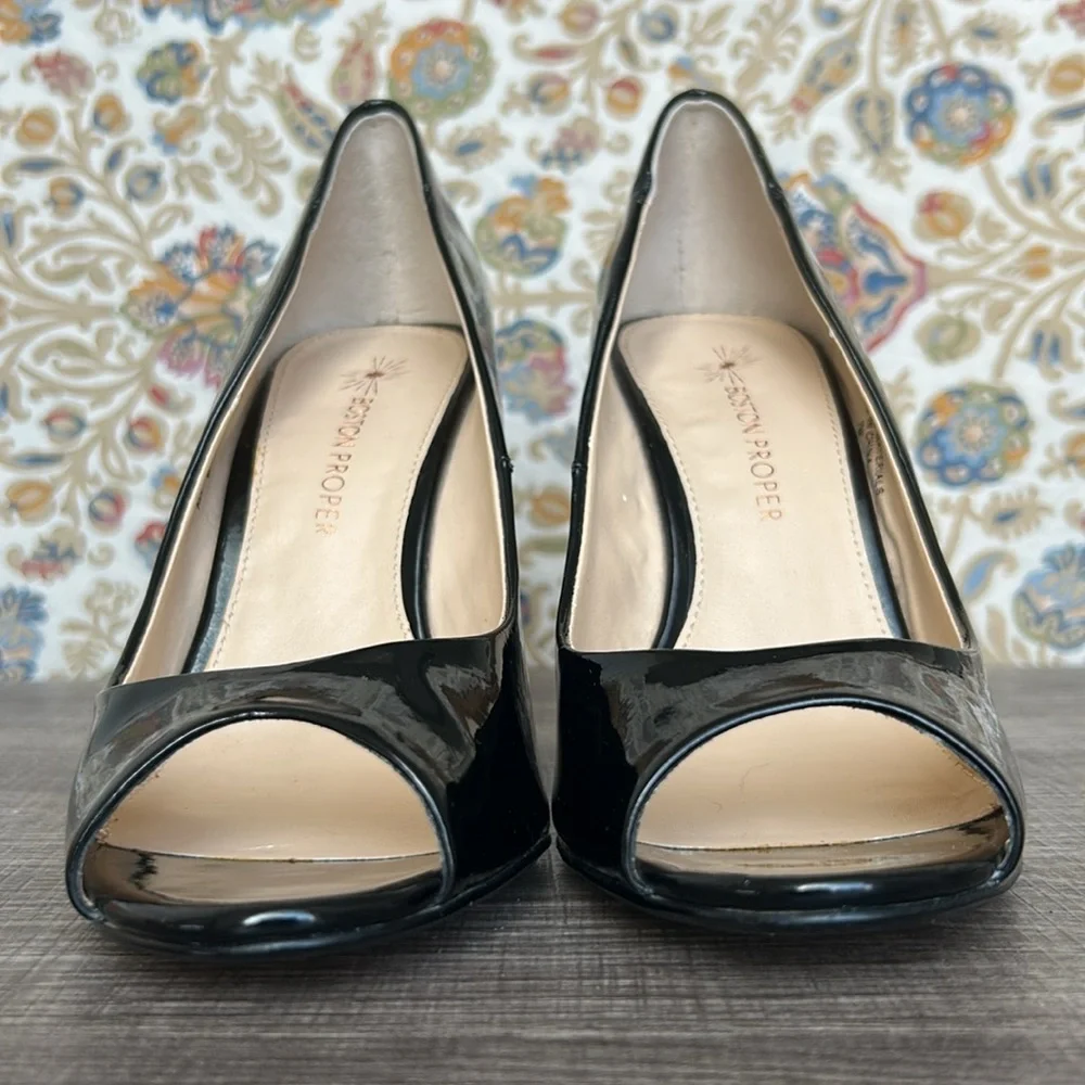 Boston Proper Black‎ Patent Leather Peep Toe Wedges Shoes Office Date Night 7M